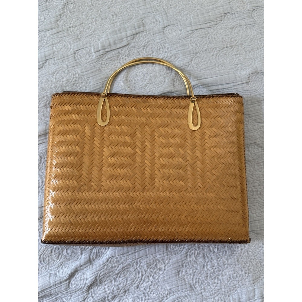 Rattan Woven Bag Carry Case Small Vintage Tote Purse Gold Handle 70s Beach